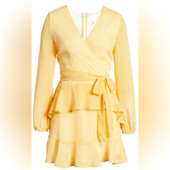 Leith Pinstripe Long Sleeve Faux Wrap Ruffle Flounced Chiffon Mini Dress. - Picture 6 of 8